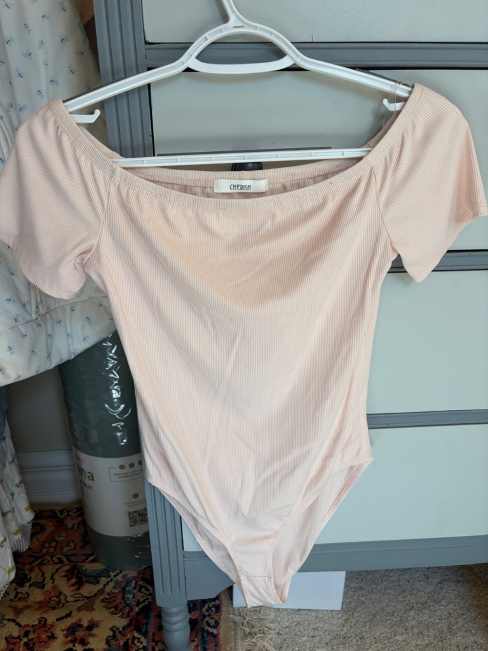 Cherish Pale Blush Ribbed Off-Shoulder Short Sleeve Bodysuit